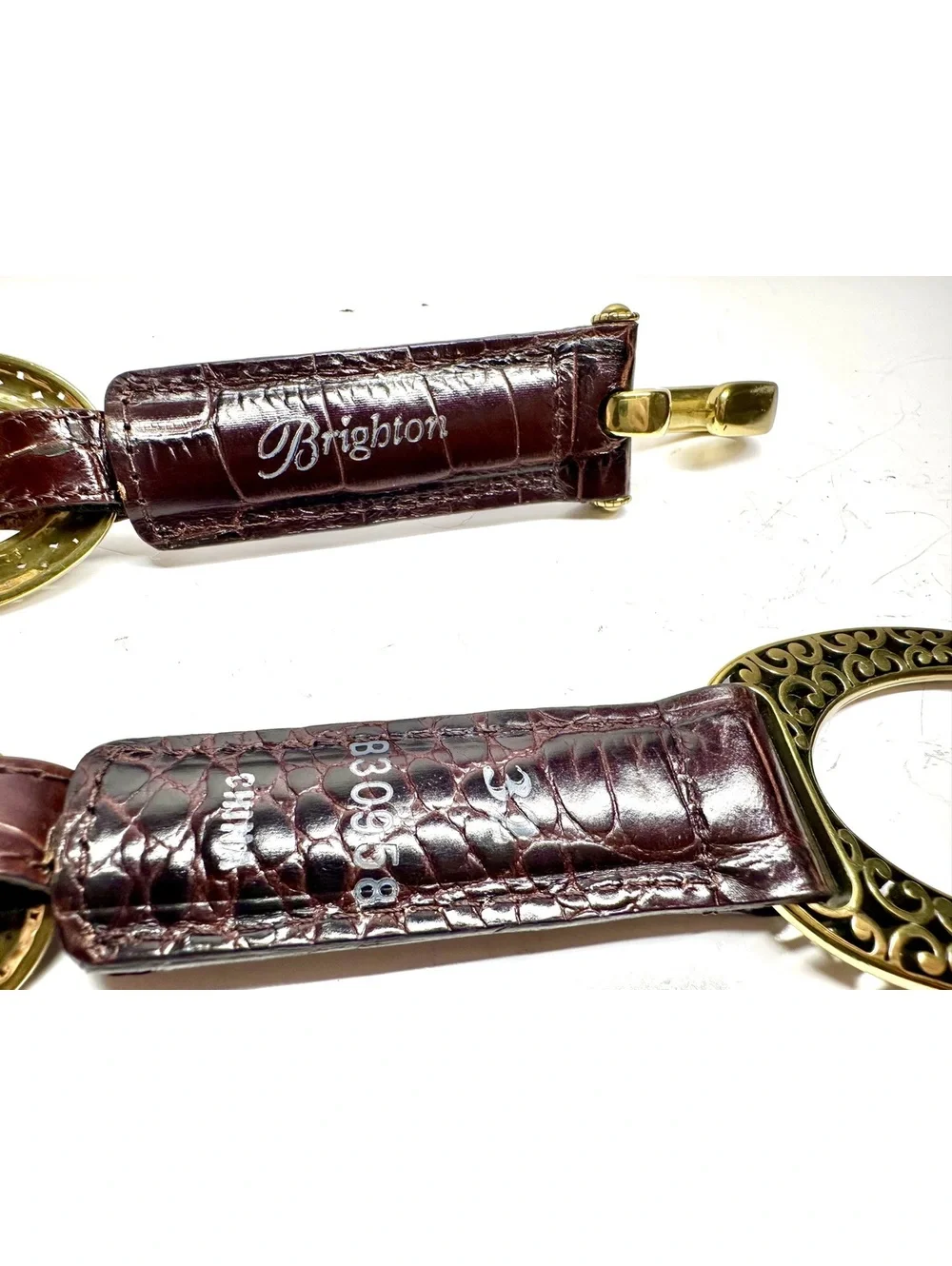 Vintage Brighton Dark Brown Croc-Embossed Leather Brass Tone Chain Links Size 32